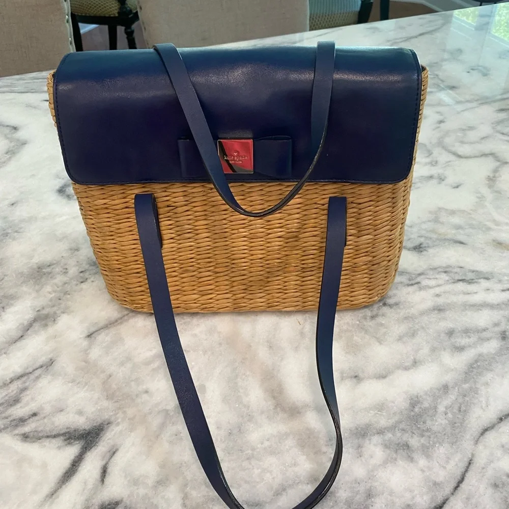 Kate Spade navy blue and wicker purse - Picture 2 of 5